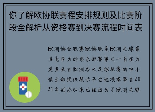 你了解欧协联赛程安排规则及比赛阶段全解析从资格赛到决赛流程时间表详解