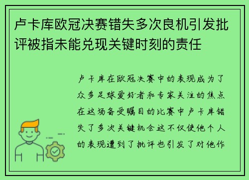 卢卡库欧冠决赛错失多次良机引发批评被指未能兑现关键时刻的责任