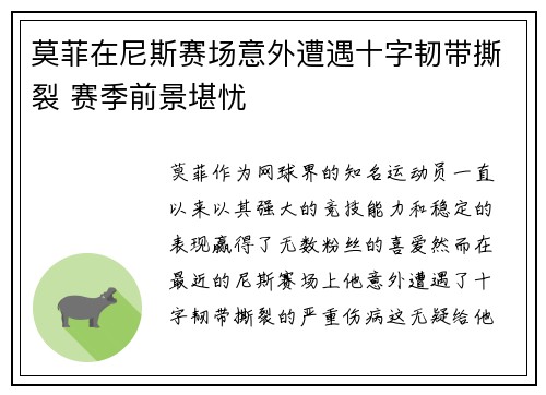 莫菲在尼斯赛场意外遭遇十字韧带撕裂 赛季前景堪忧 莫菲在尼斯赛场意外遭遇十字韧带撕裂 赛季前景堪忧